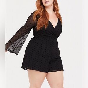 Torrid Swiss-dot Romper Black Sz Women’s 2x Sheer Bell Sleeves Stretch Waist